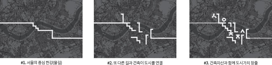 #1.서울의 중심 한강(물길), #2.또 다른 길과 건축이 도시를 연결, #3.건축자산과 함께 도시가치 창출